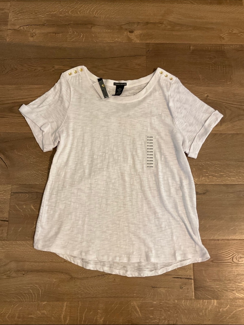 Chelsea & Theodore White Short-Sleeve Top with Gold Shoulder Buttons, XXL